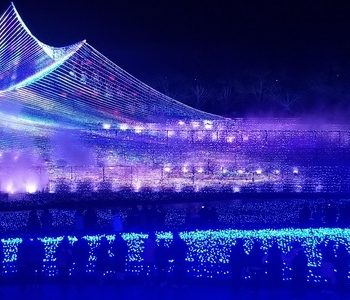 a mountain-like shape created of LED lights in all colors of the rainbow with fog surrounding it, along with two long blue tunnels of LED lights in the foreground, and several people walking around in front of them.