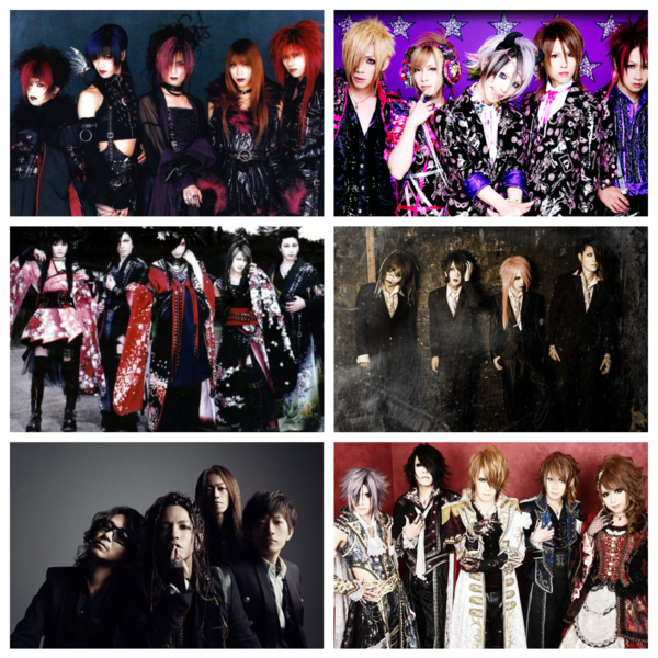 collage of six different visual kei bands with slightly different styles, all in dark and bold colors with heavy makeup and styled hair