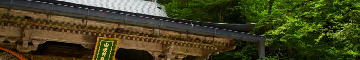 Wooden temple building with massive green trees behind it surrounding the roof.