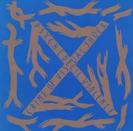 image of visual kei band X Japan's album cover, bright blue with tan lines randomly placed and an X in the middle reading "Psychedelic Violence, Crime of Visual Shock" on top of the X