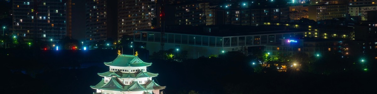 A night view of Nagoya Castle and its surrounding area from above. Green and white Nagoya Castle is underlit by bright white lights.